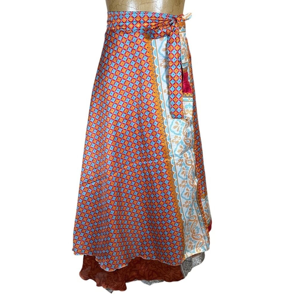 Darn Good Yarn Ankle Length Silk Sari Wrap Skirt Regular Orange Blue Paisley